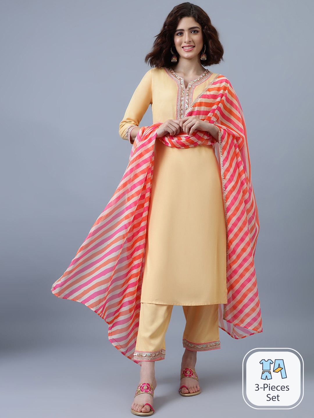 

Khushal K Beads & Stones Detailed Regular Kurta & Trousers With Dupatta, Cream