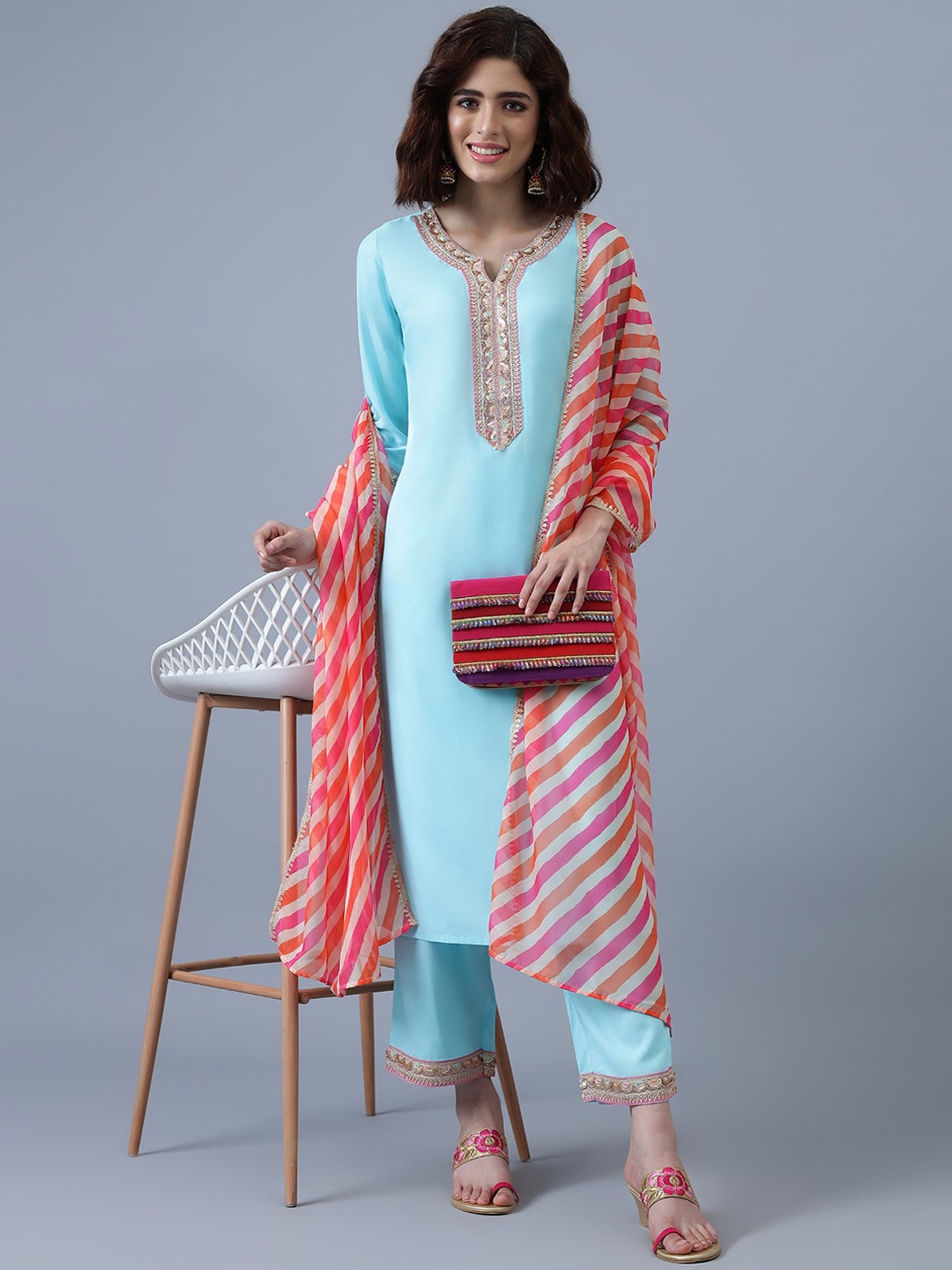 

Khushal K Beads & Stones Detailed Regular Kurta & Trousers With Dupatta, Turquoise blue