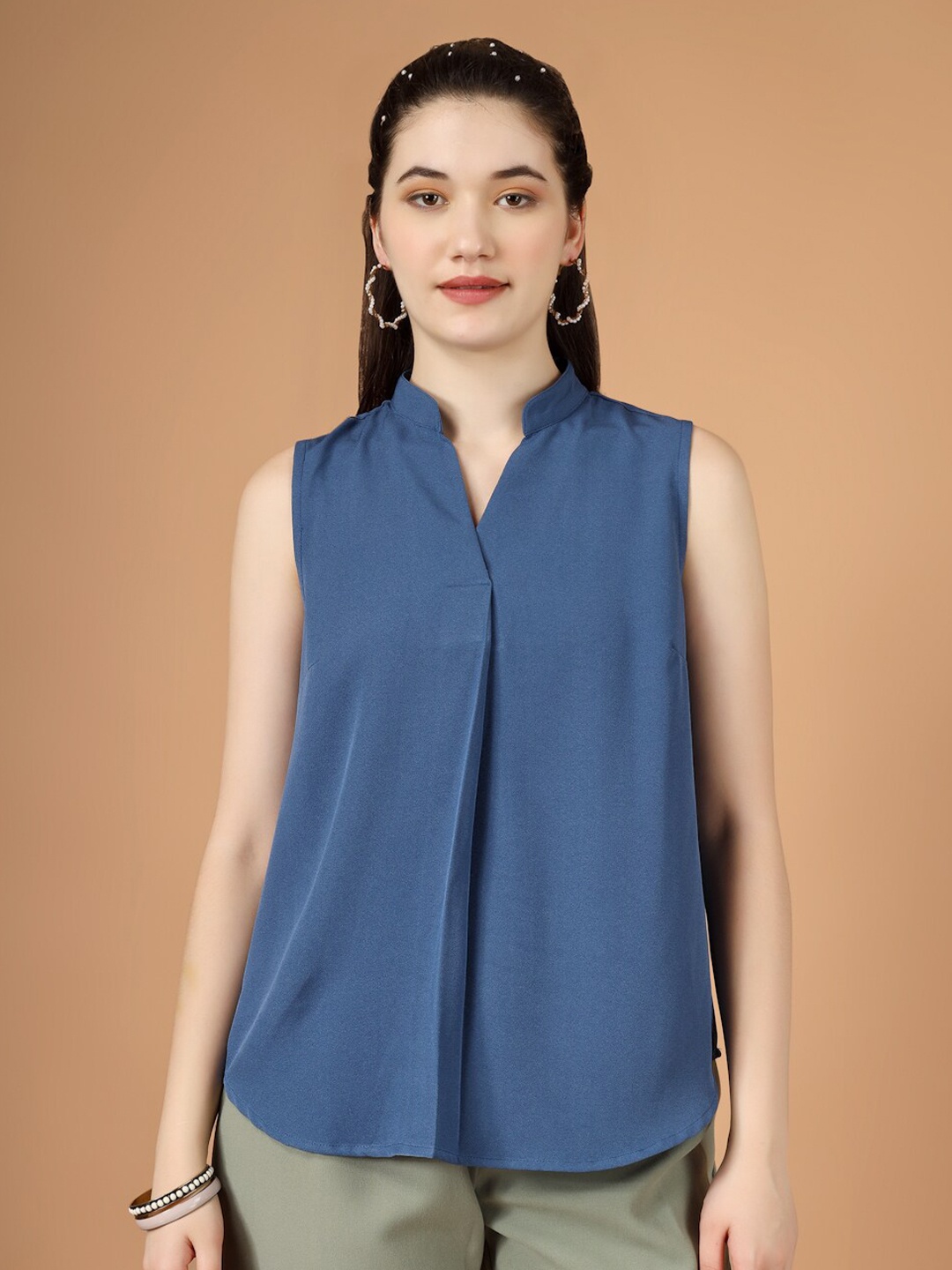 

angloindu Mandarin Collar Pleated Sleeveless A-Line Top, Blue