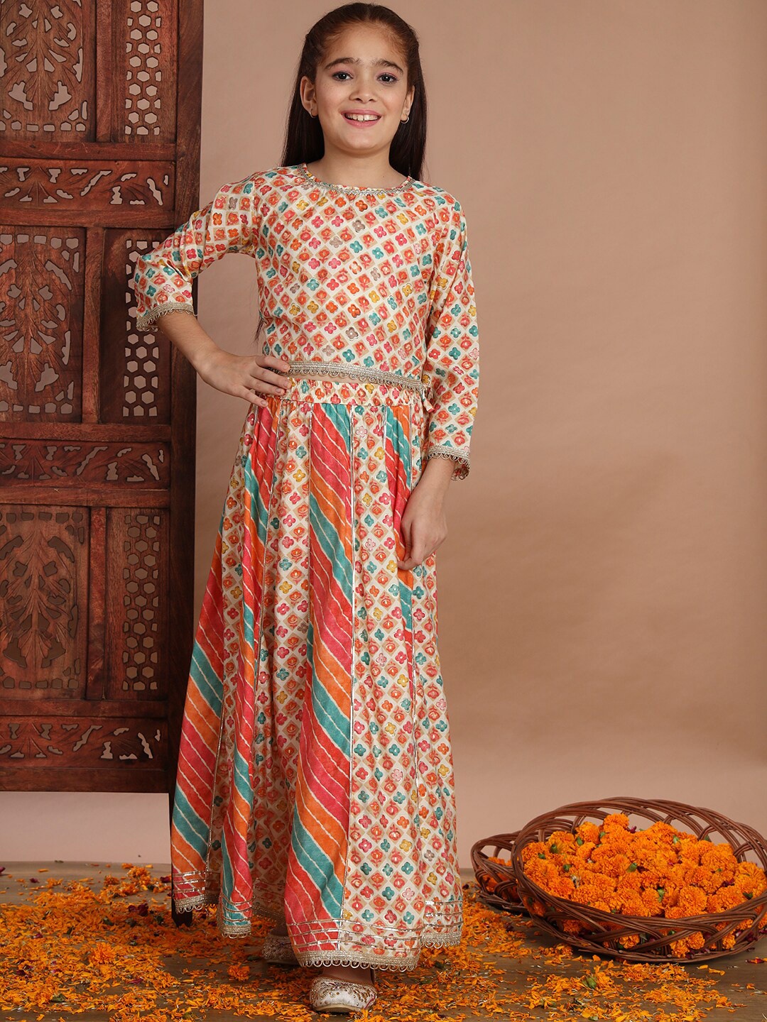 Readiprint Girls Printed Cotton Ready to Wear Lehenga & Blouse, Beige