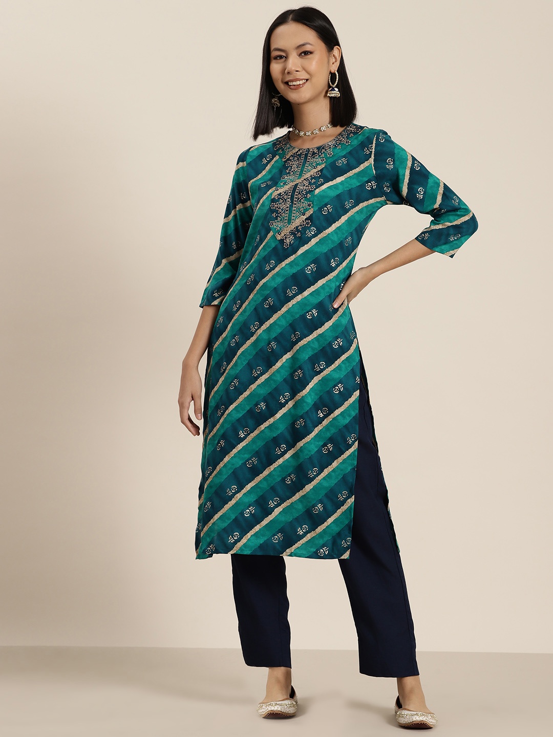 

HERE&NOW Women Ethnic Motifs Yoke Design Kurta, Navy blue
