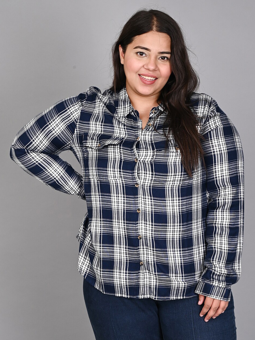 

IX IMPRESSION Checked Shirt Style Top, Navy blue