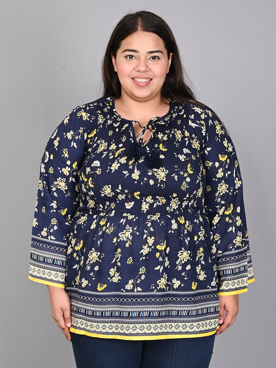 

IX IMPRESSION Plus Size Floral Printed Tie-Up Neck Smocked Top, Navy blue