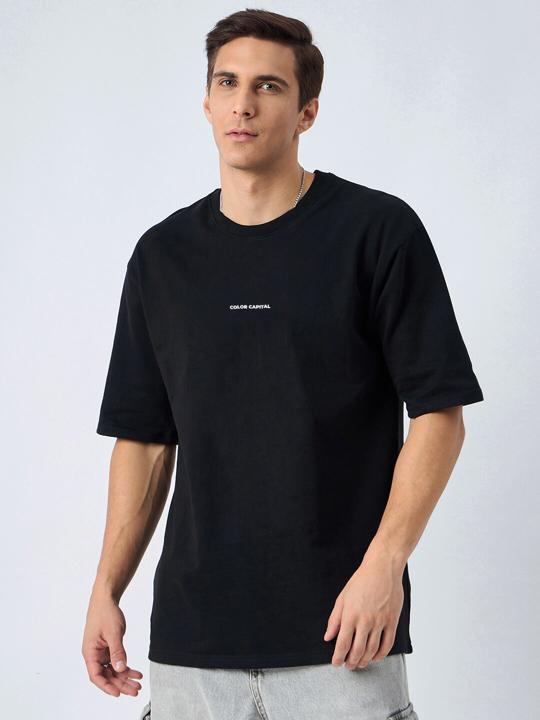 

COLOR CAPITAL Round Neck Oversized Pure Cotton T-shirt, Black