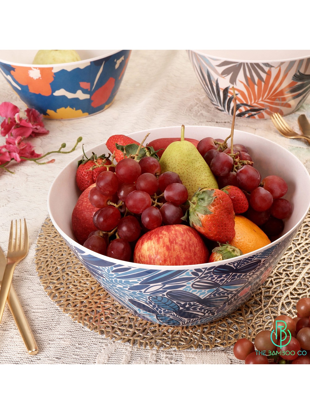 

THE BAMBOO CO Blue Printed Dishwasher & Microwave Safe Bamboo Matte Bowl-3 L
