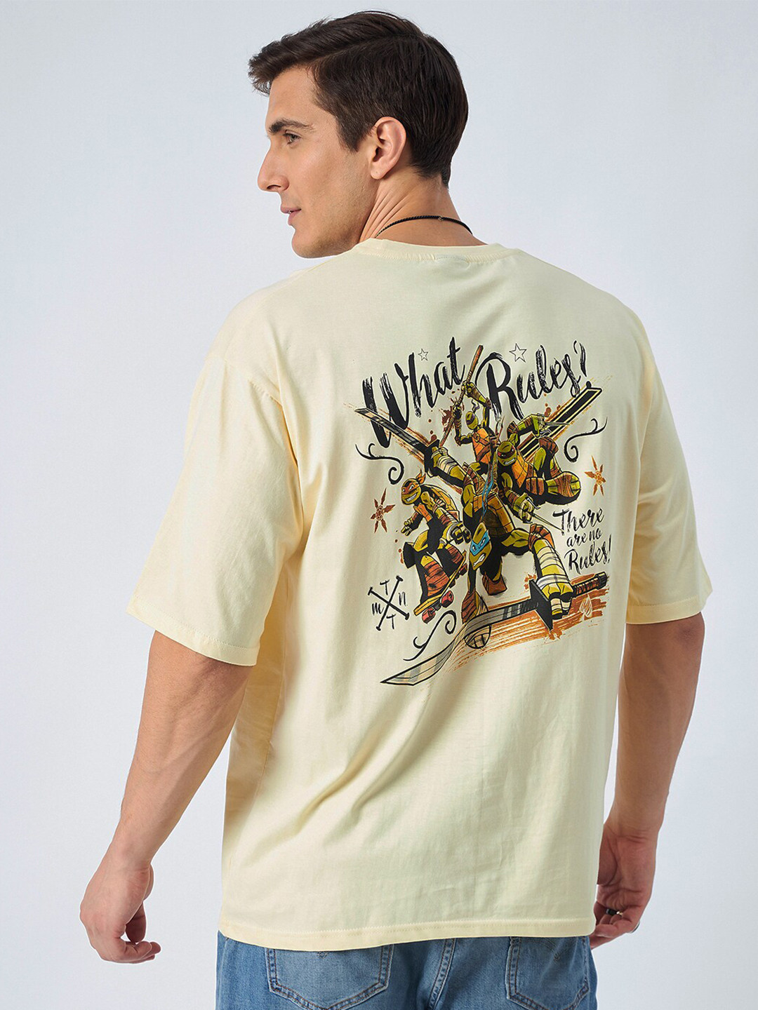 

COLOR CAPITAL Ninja Turtles Printed Drop-Shoulder Oversized Pure Cotton T-Shirt, Nude