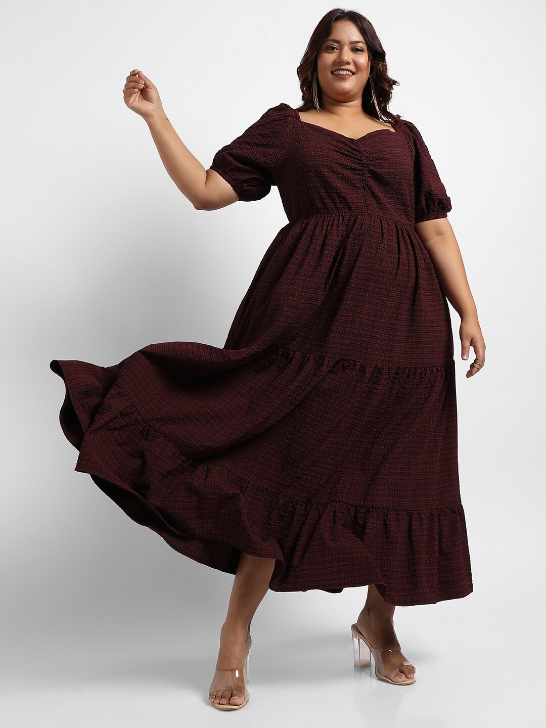 

Instafab Plus Checked Sweetheart Neck Puff Sleeves Tiered A-Line Midi Dress, Maroon