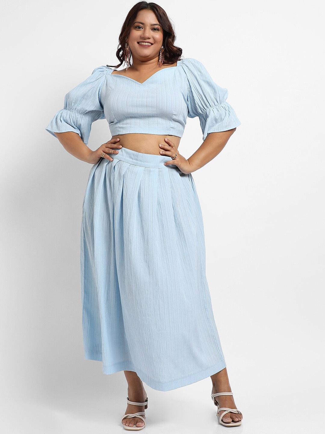 

Instafab Plus Sweetheart Neck Crop Top & Skirt, Blue