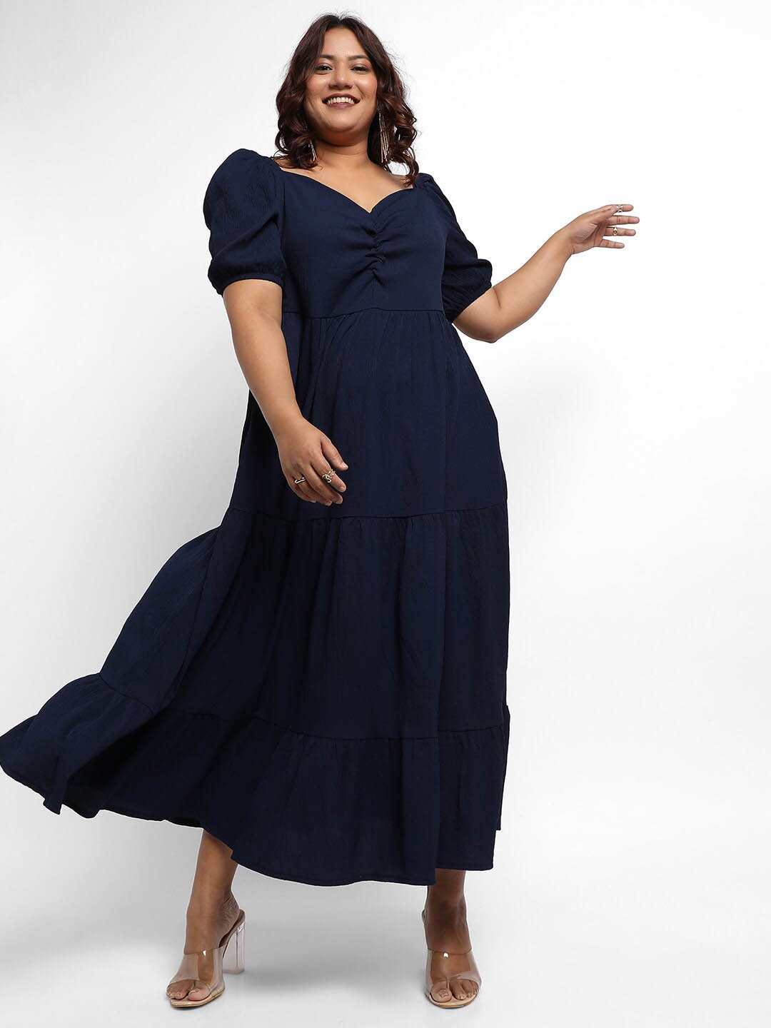 

Instafab Plus Puff Sleeve Tiered Fit & Flare Midi Dress, Navy blue