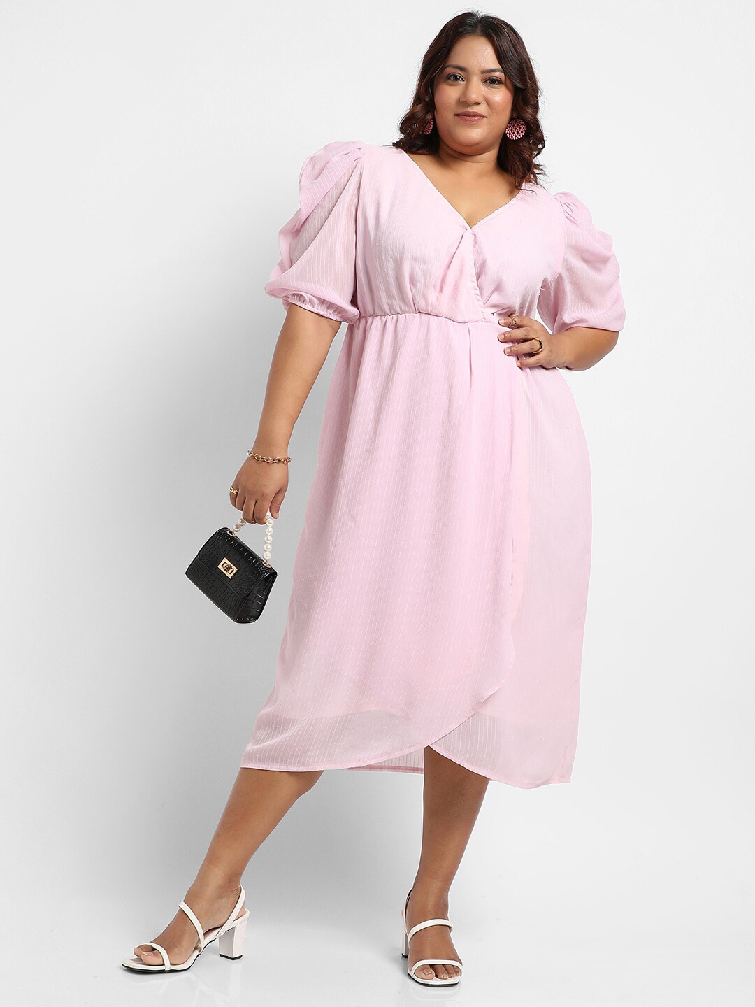 

Instafab Plus Striped Puff Sleeve Tulip Hem Wrap Midi Dress, Pink