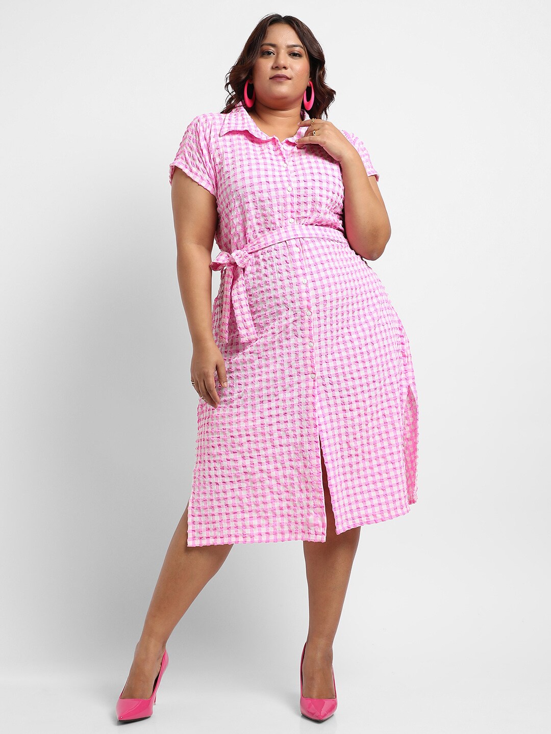 

Instafab Plus Checked Waist Tie-Up Midi Shirt Dress, Pink
