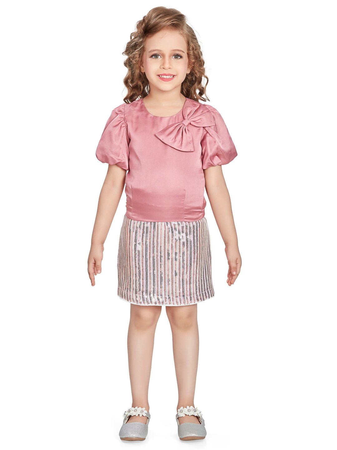 

Peppermint Girls Round Neck Bow Detail Top with Skirt, Pink