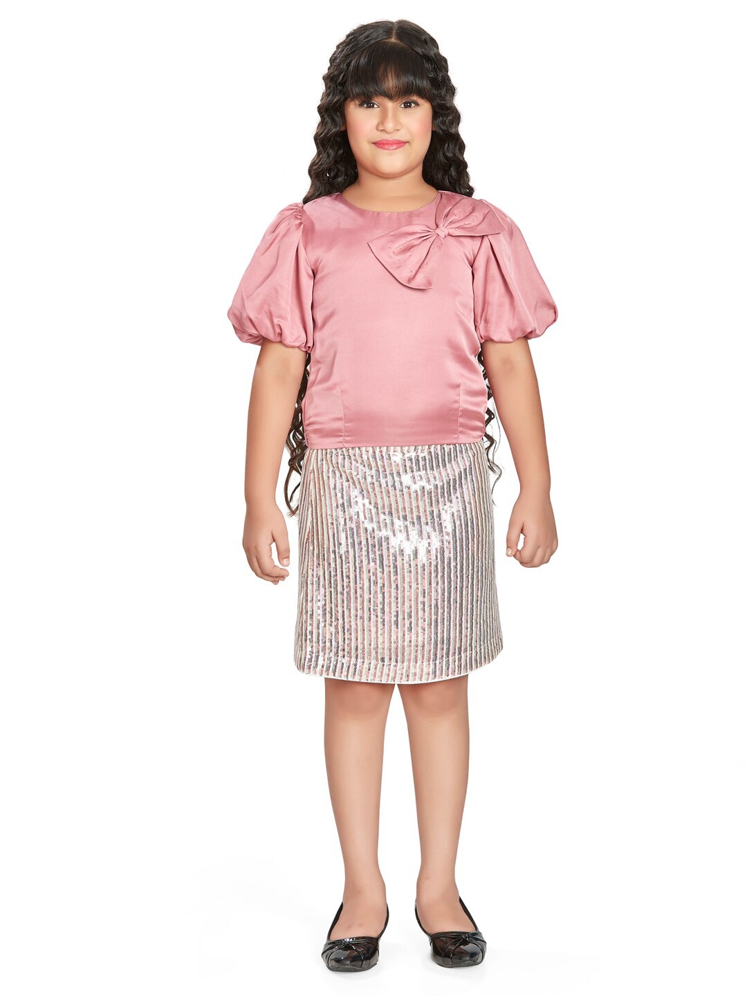 

Peppermint Girls Round Neck Bow Detail Top with Skirt, Pink