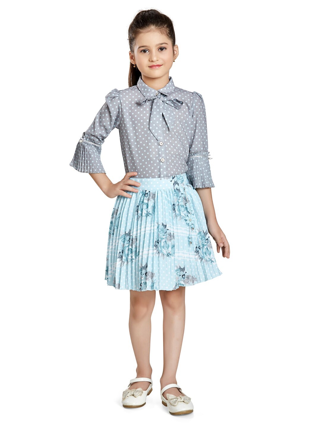 

Peppermint Girls Polka Dots Printed Tie-Up Pure Cotton Top with Skirt, Blue