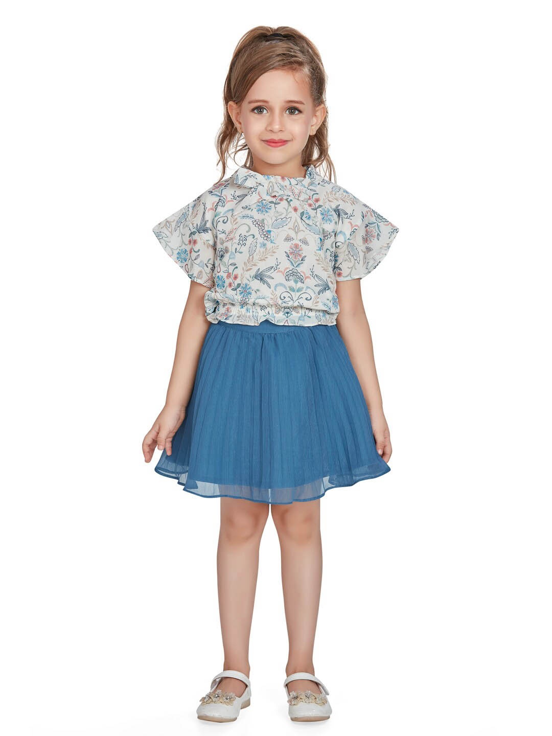 

Peppermint Girls Floral Printed Mandarin Collar Top with Skirt, Teal