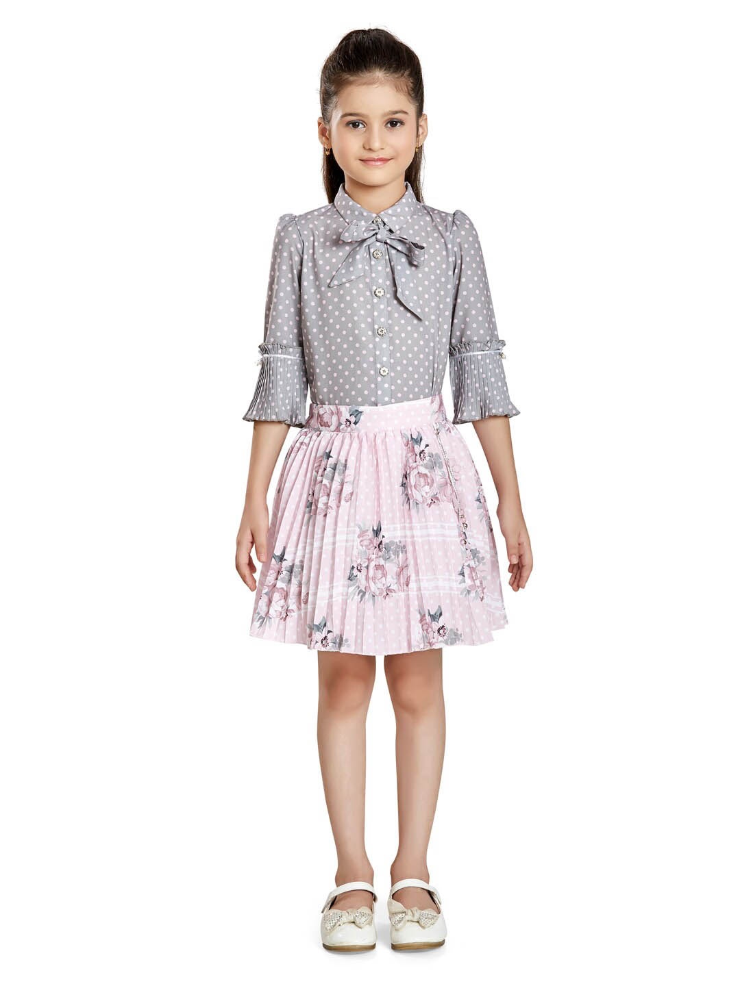 

Peppermint Girls Polka Dots Printed Tie-Up Pure Cotton Top with Skirt, Pink