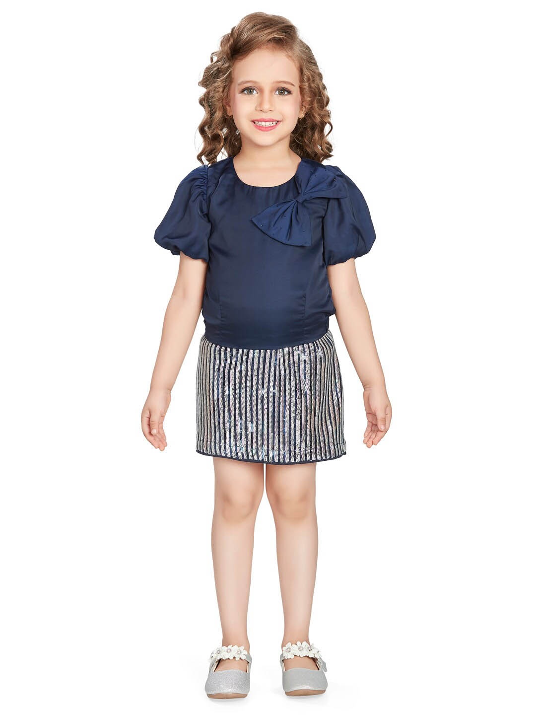 

Peppermint Girls Embellished Top with Skirt, Navy blue