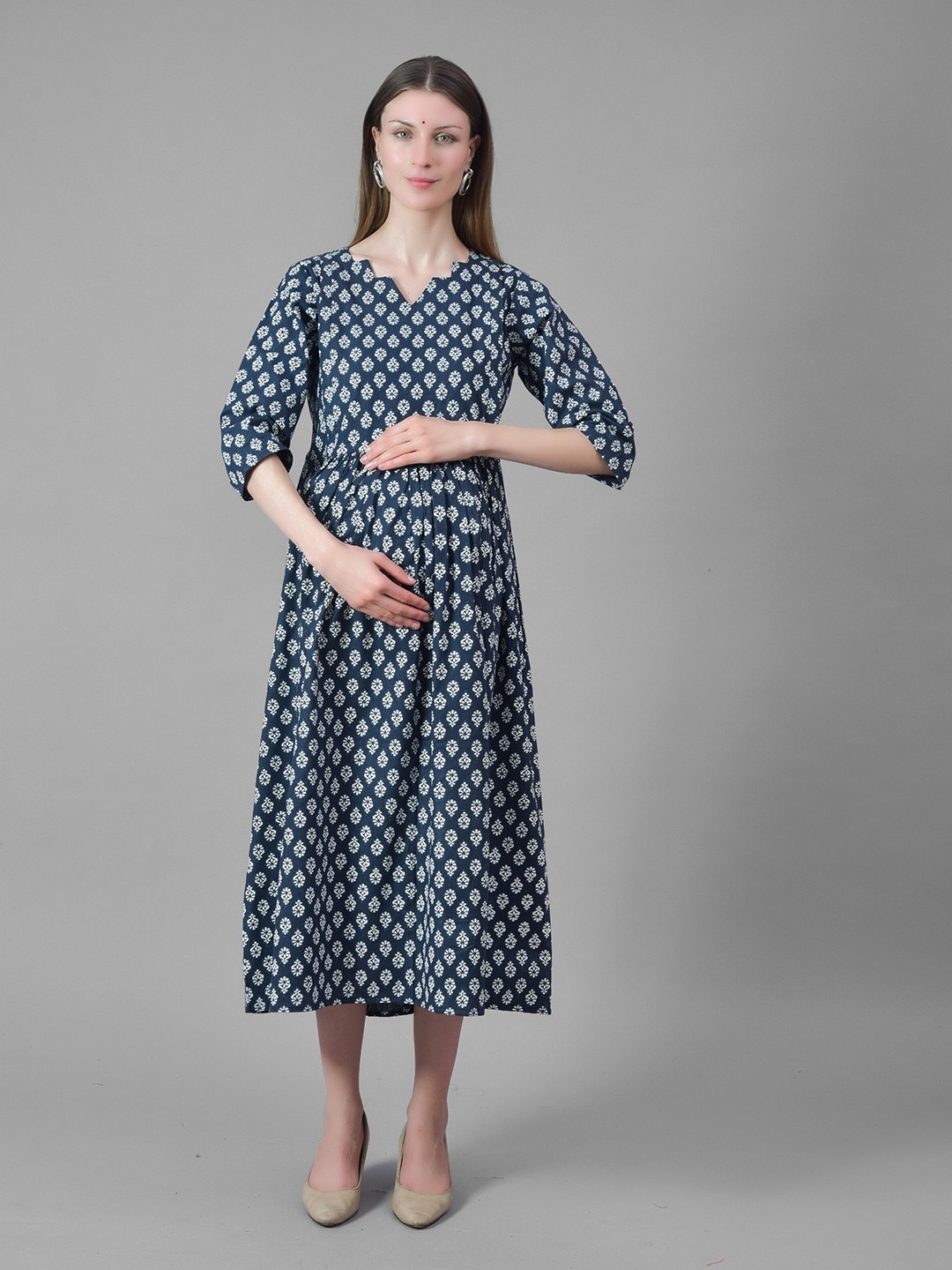 

Negen Ethnic Motifs Printed Maternity A-Line Midi Dress, Navy blue