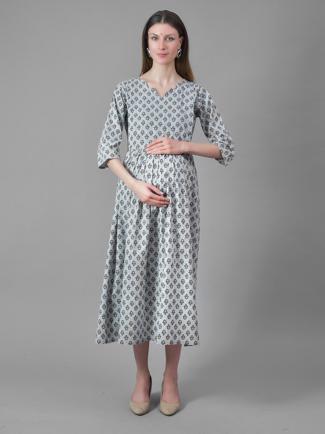 

Negen Floral Printed Cotton Maternity A-Line Midi Dress, Grey