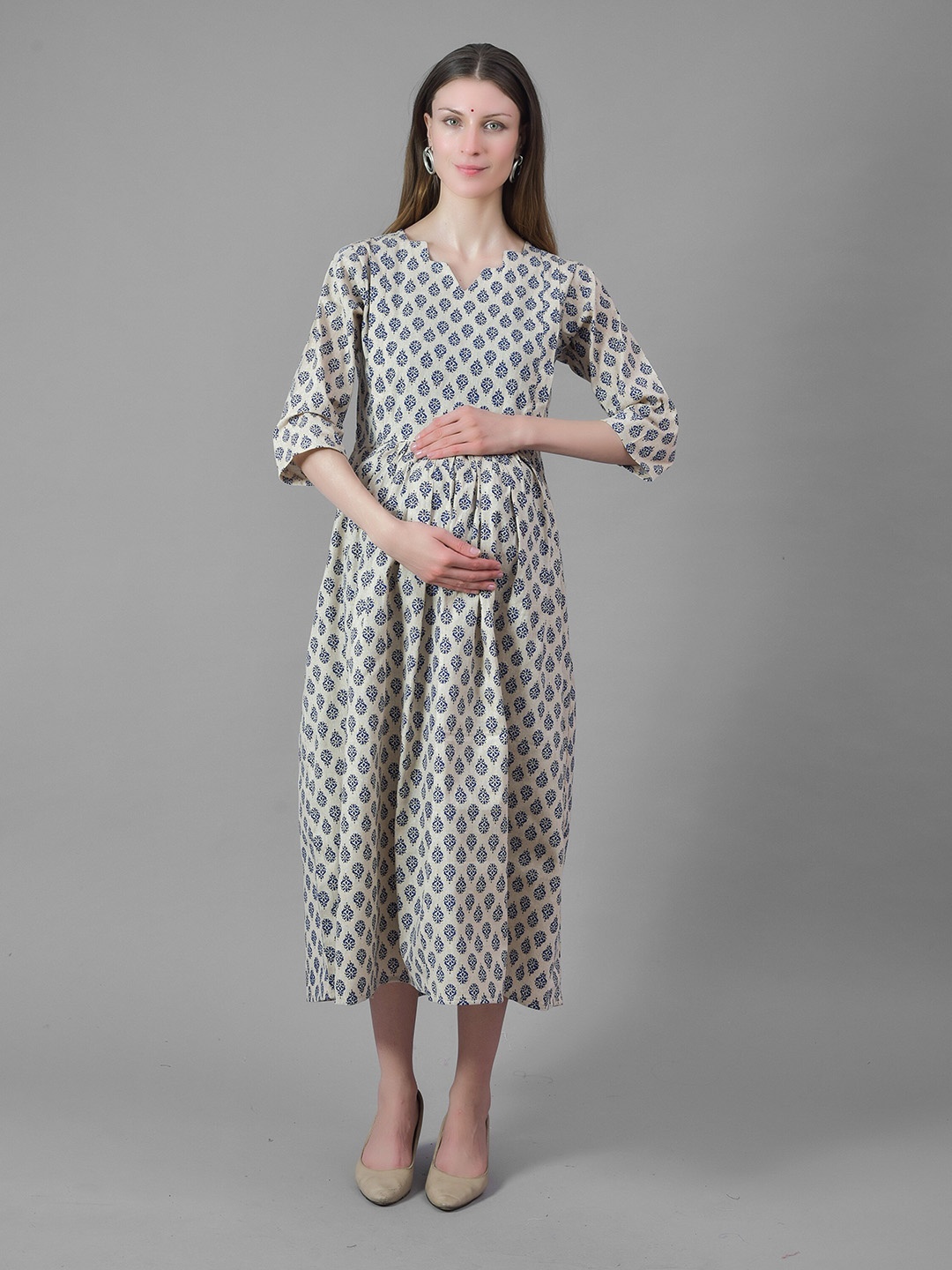 

Negen Ethnic Motifs Printed Cotton A-Line Midi Maternity Dress, Cream