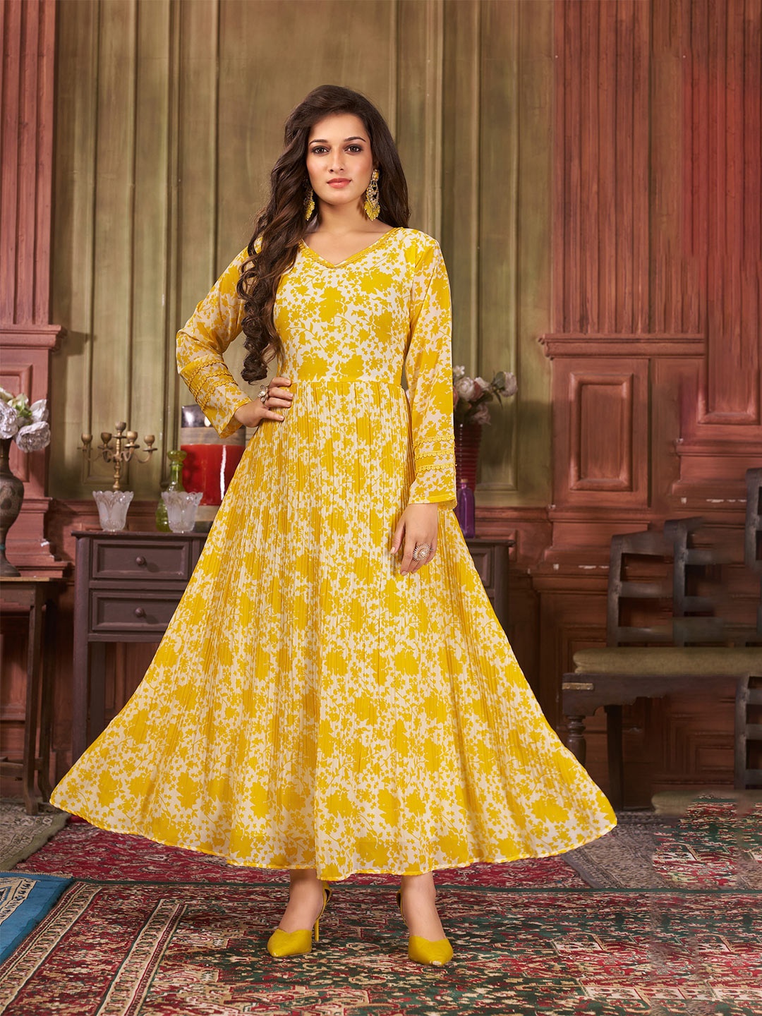 

KALINI Floral Printed V-Neck Georgette Maxi Ethnic Dress, Yellow