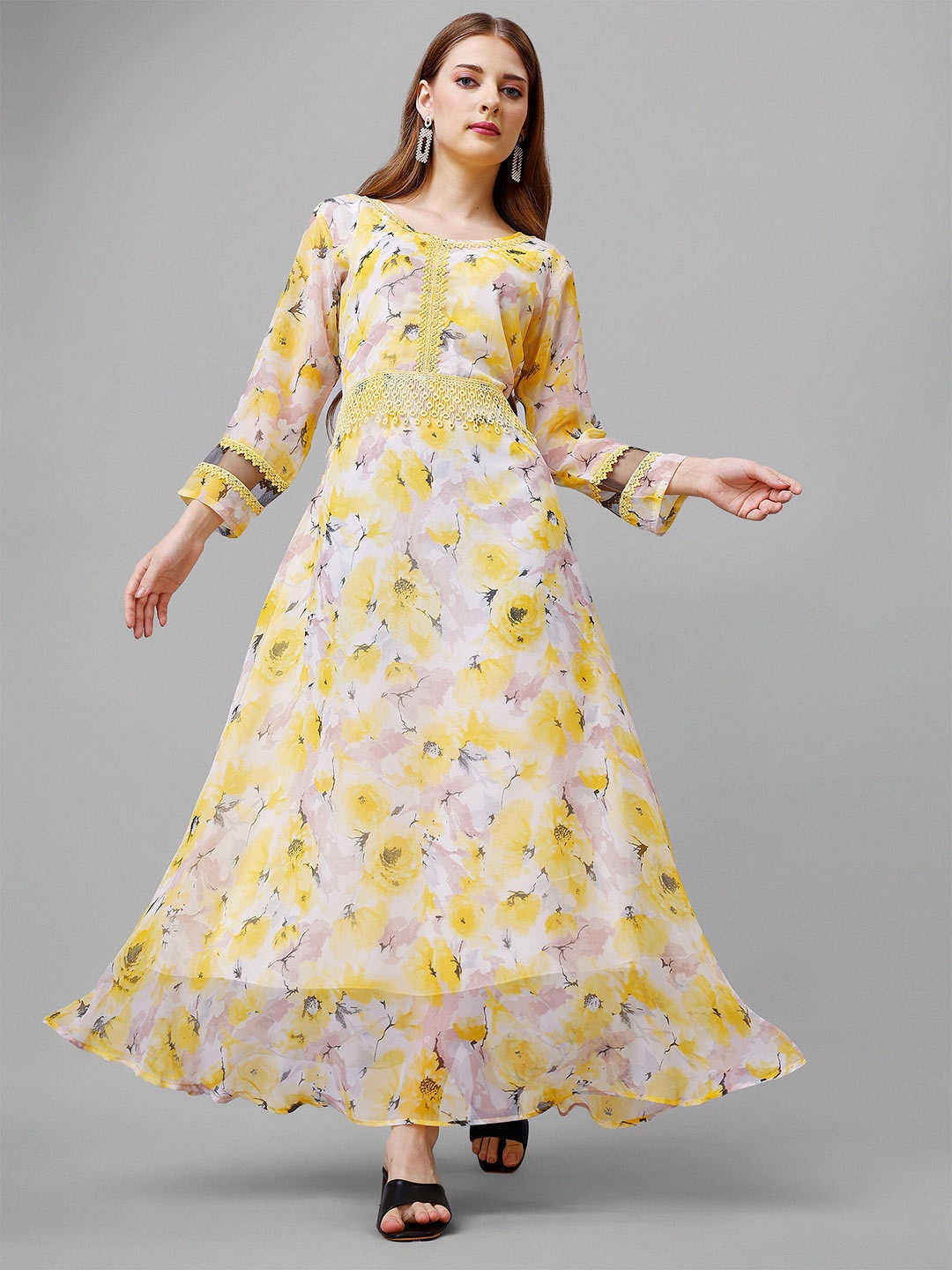

KALINI Floral Lace Inserts Georgette Maxi Dress, Yellow