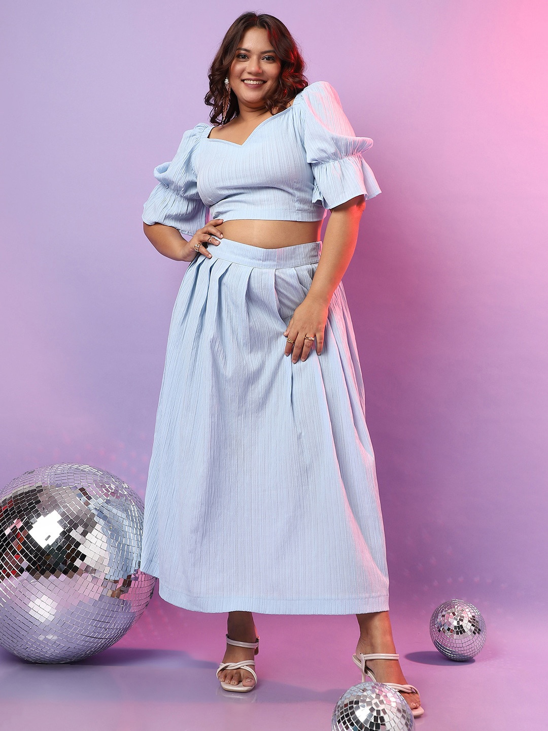 

Instafab Plus Sweetheart Neck Crop Top & Skirts Co-Ords, Blue