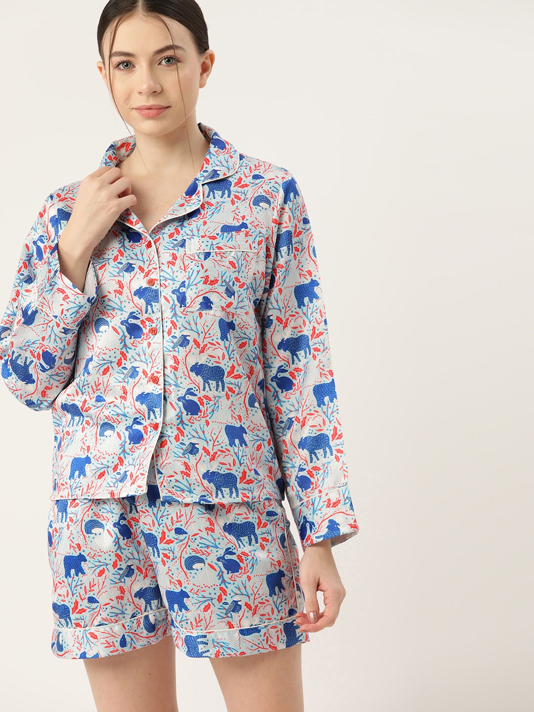 

ETC Women Conversational Printed Satin Night suit, Blue
