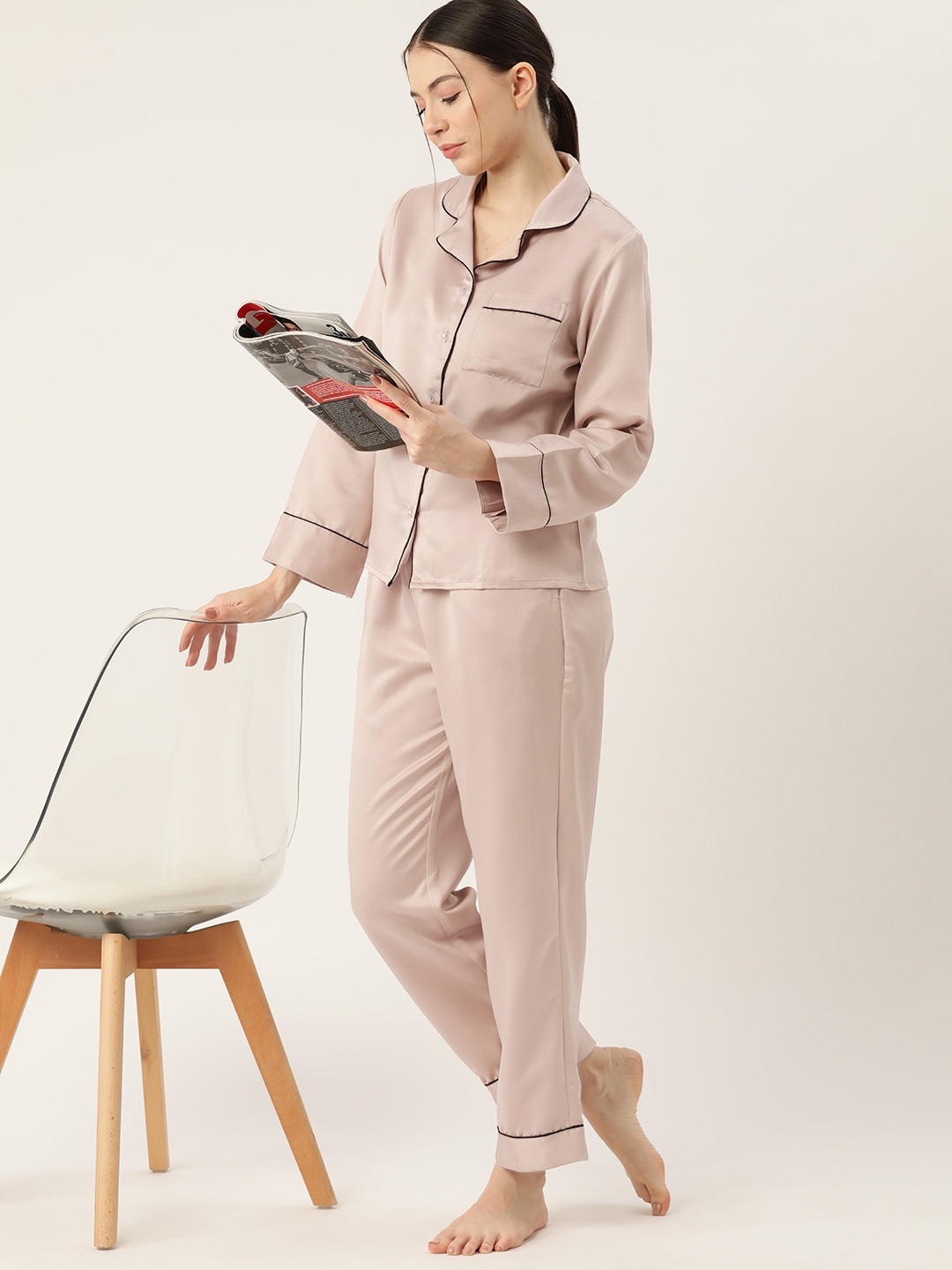 

ETC Women Solid Satin Night suit, Rose gold