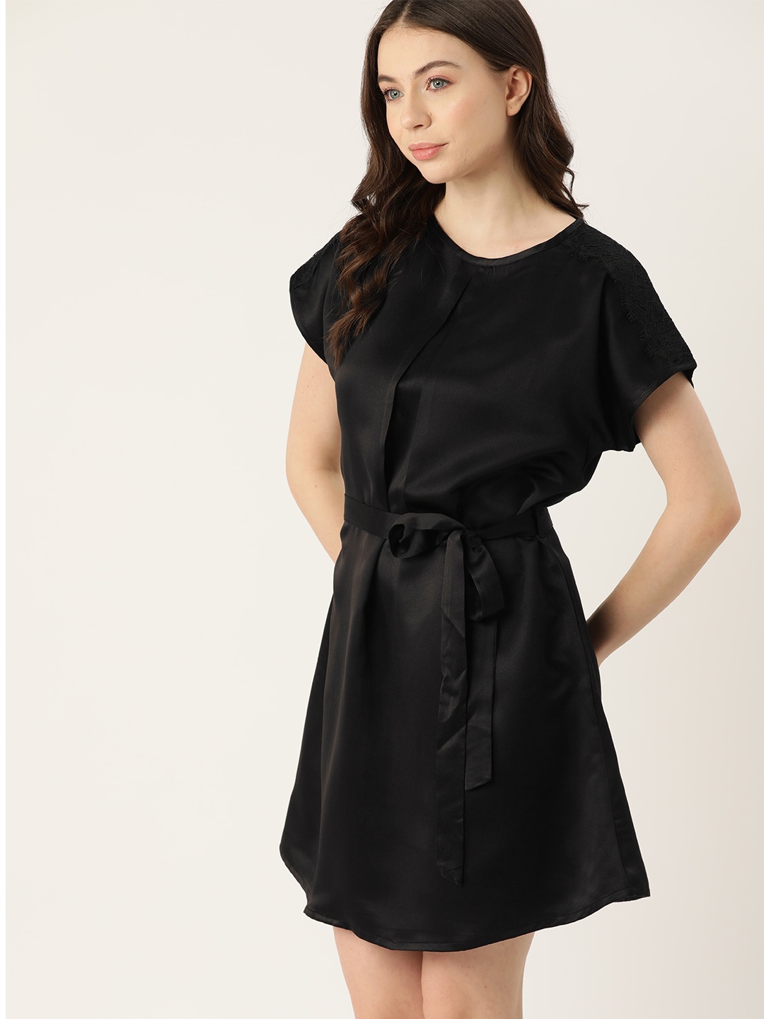 

ETC Solid Satin Regular Nightdress, Black
