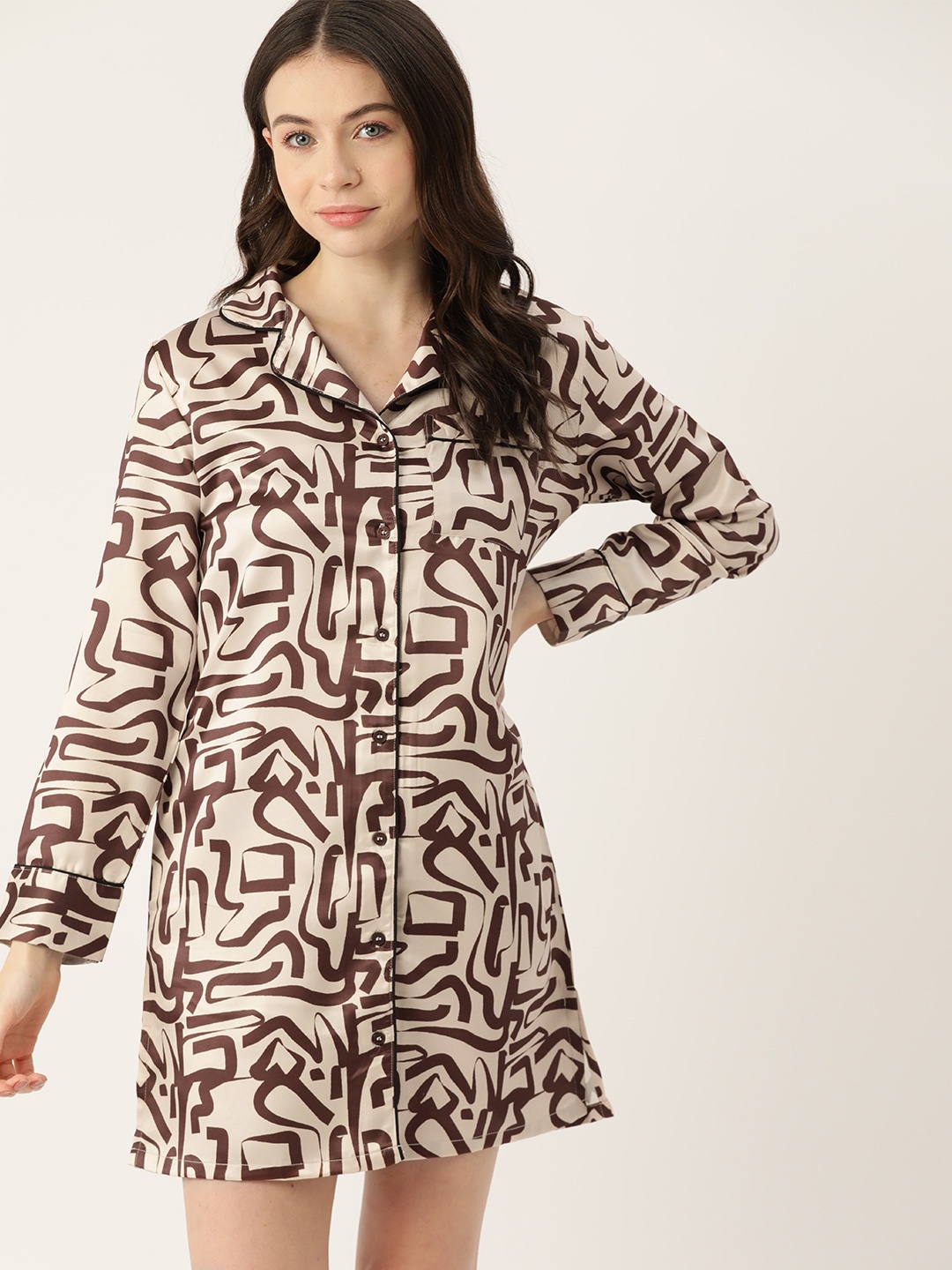 

ETC Abstract Printed Satin Shirt Nightdress, Brown