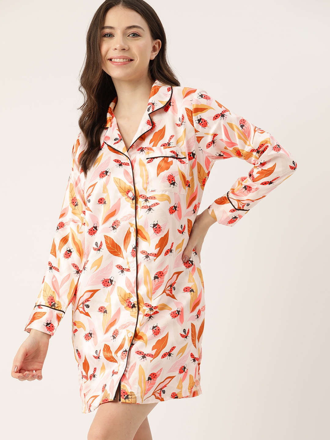 

ETC Conversational Printed Satin Shirt Nightdress, Peach