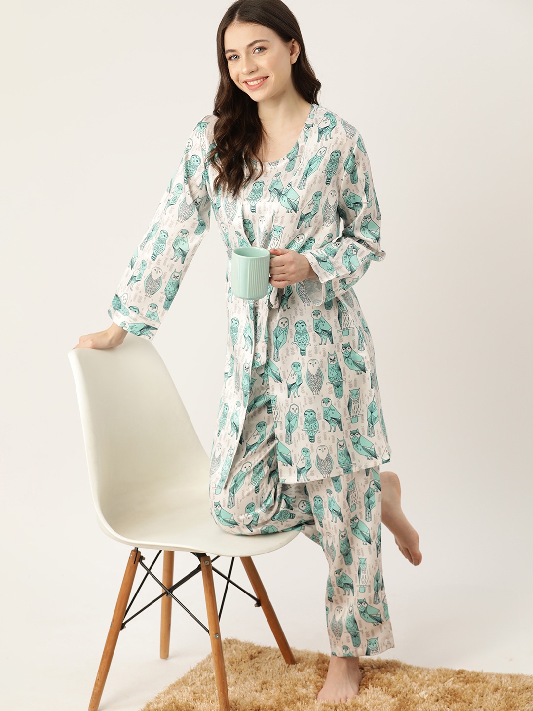 

ETC Women 3 Pieces Conversational Printed Satin Night suit, White