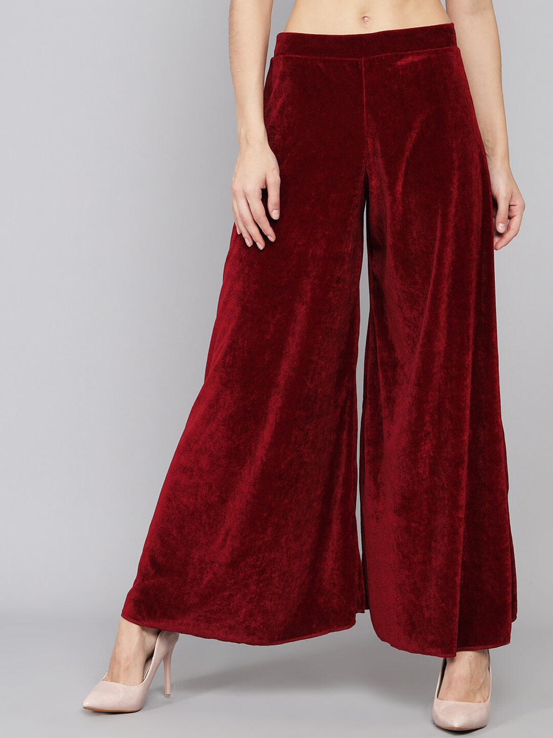 

VAARARO Women Flared Knitted Velvet Palazzo, Maroon