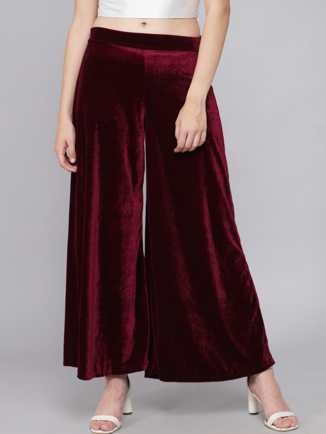 

VAARARO Women Flared Knitted Velvet Palazzo, Burgundy