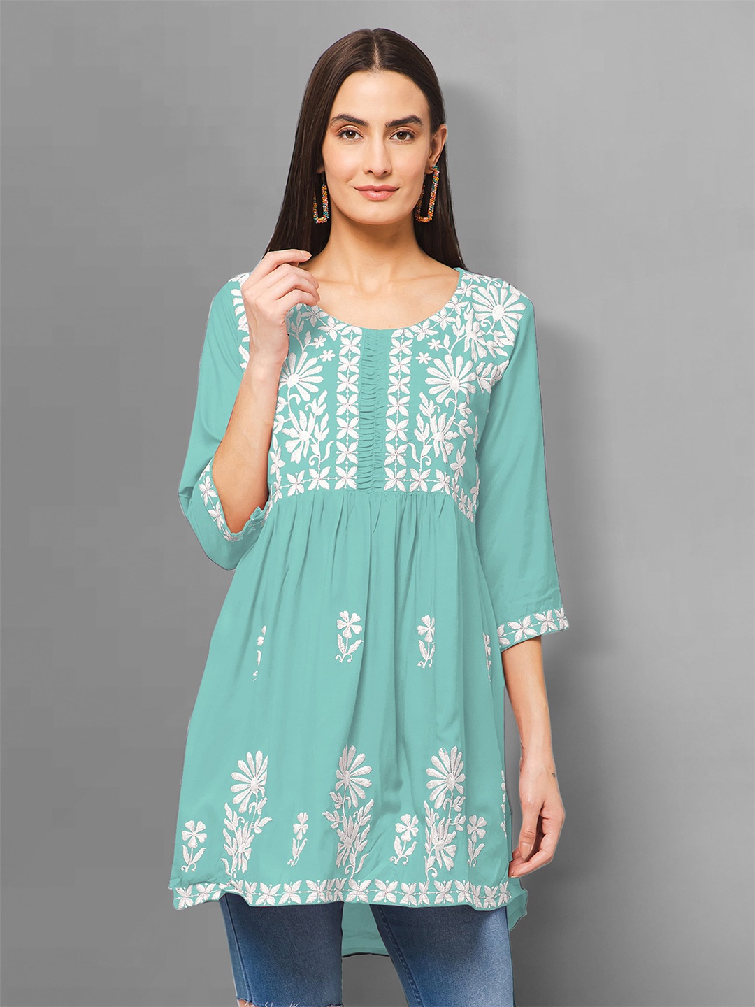 

Winza Designer Round Neck Floral Embroidered Pleated A-Line Kurti, Blue