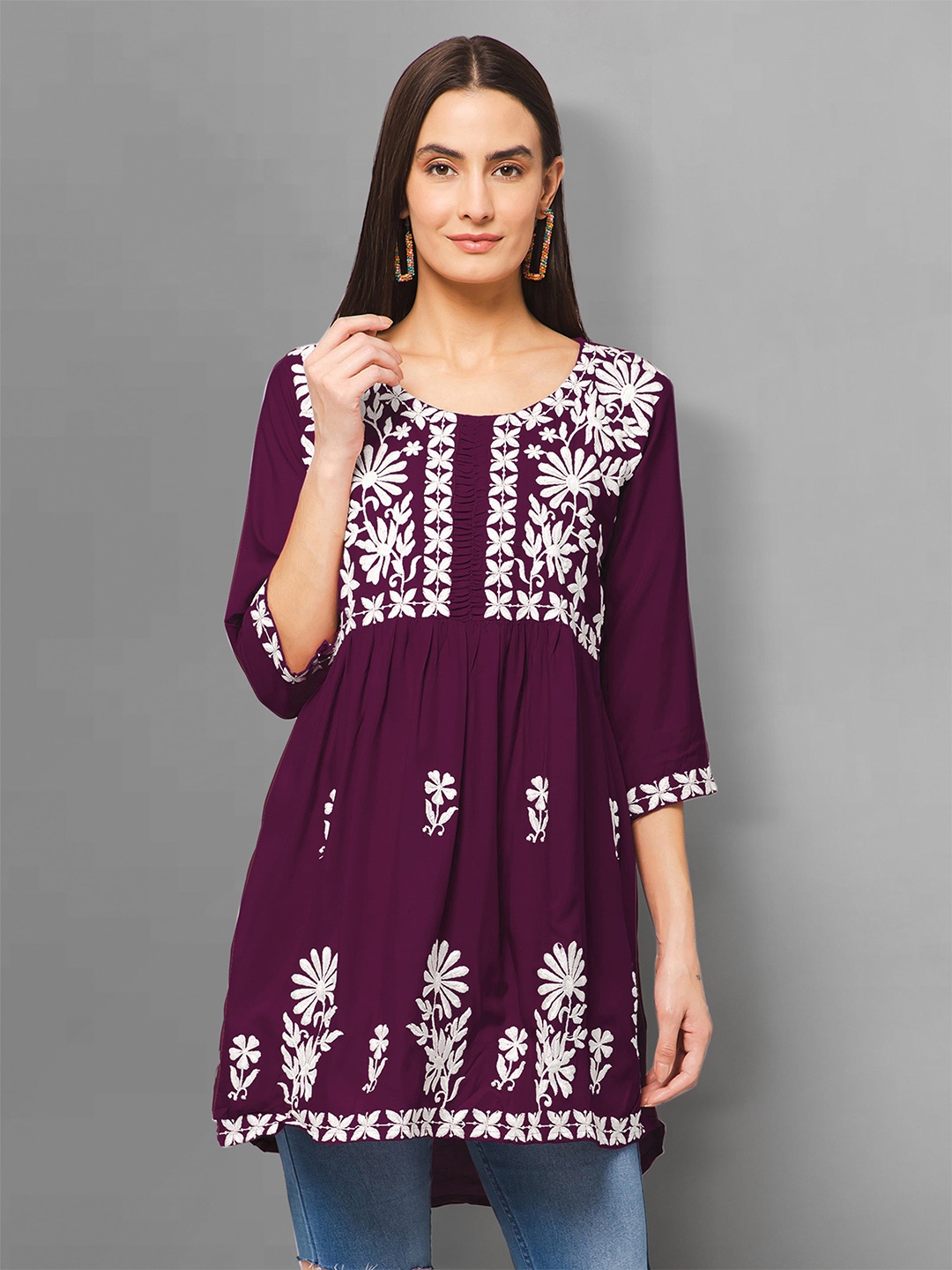 

Winza Designer Round Neck Floral Embroidered Pleated A-Line Kurti, Maroon