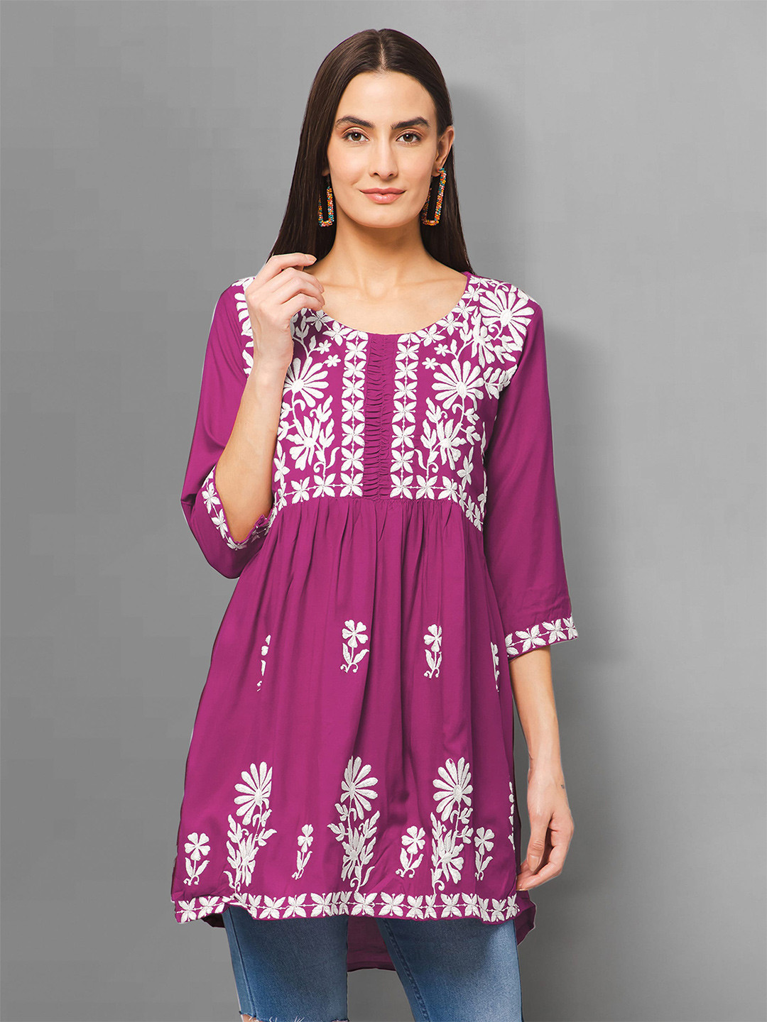 

Winza Designer Round Neck Floral Embroidered Pleated A-Line Kurti, Pink