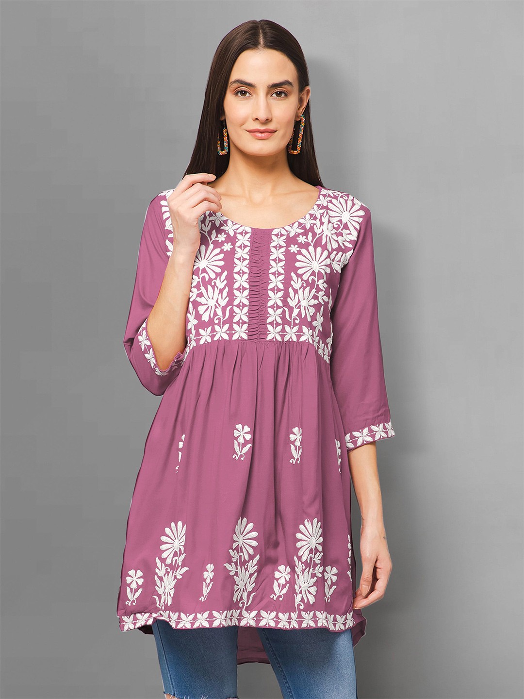 

Winza Designer Round Neck Floral Embroidered A-Line Kurti, Pink
