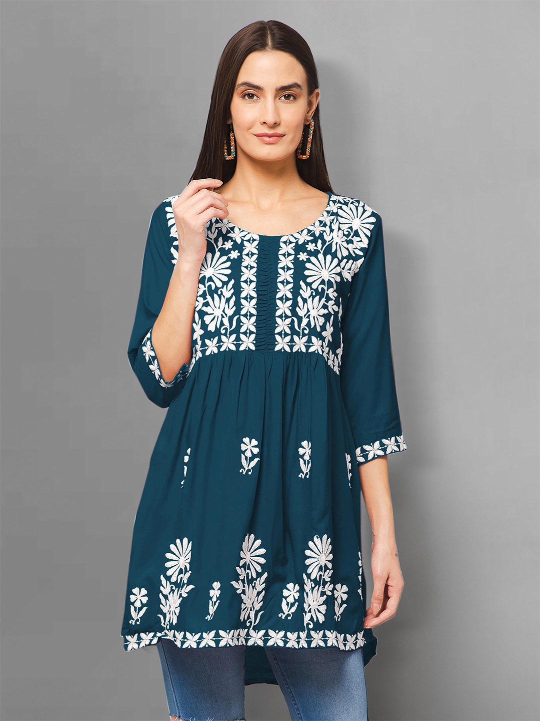 

Winza Designer Round Neck Floral Embroidered Pleated A-Line Kurti, Blue