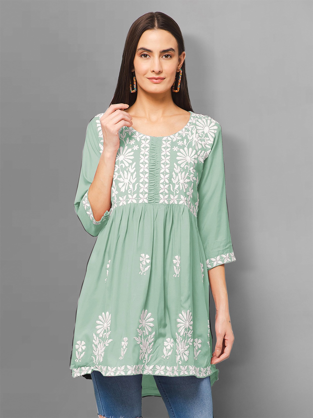 

Winza Designer Round Neck Floral Embroidered Pleated A-Line Kurti, Olive