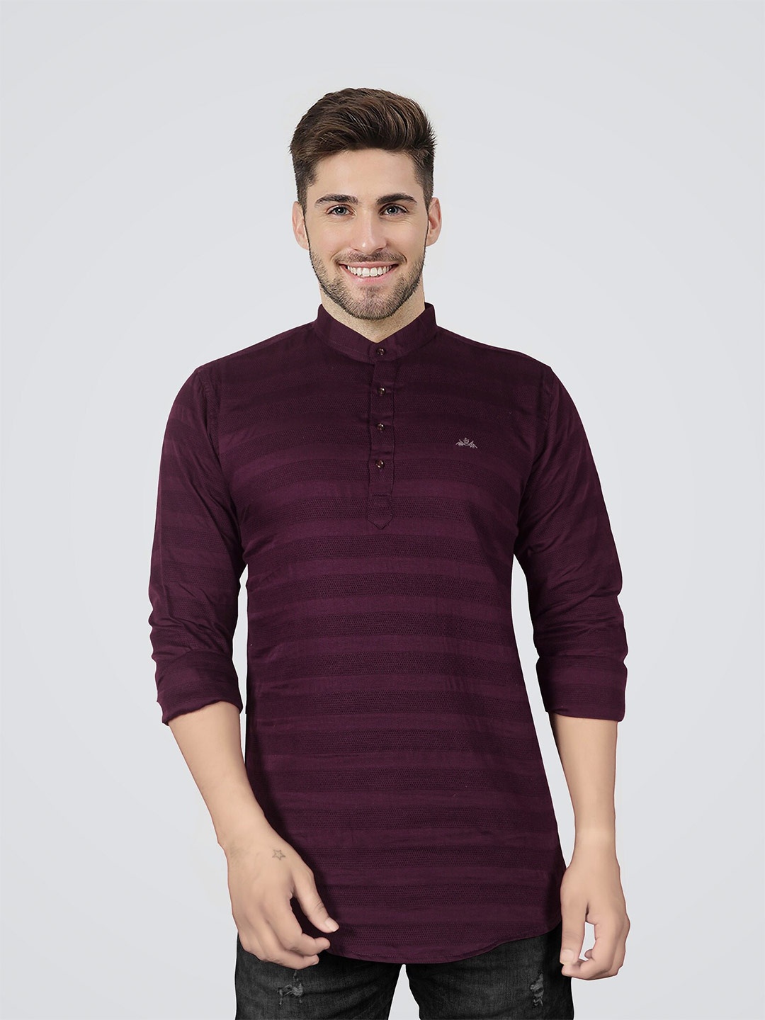 

Jb Just BLACK Premium Slim Fit Horizontal Stripes Band Collar Casual Shirt, Purple