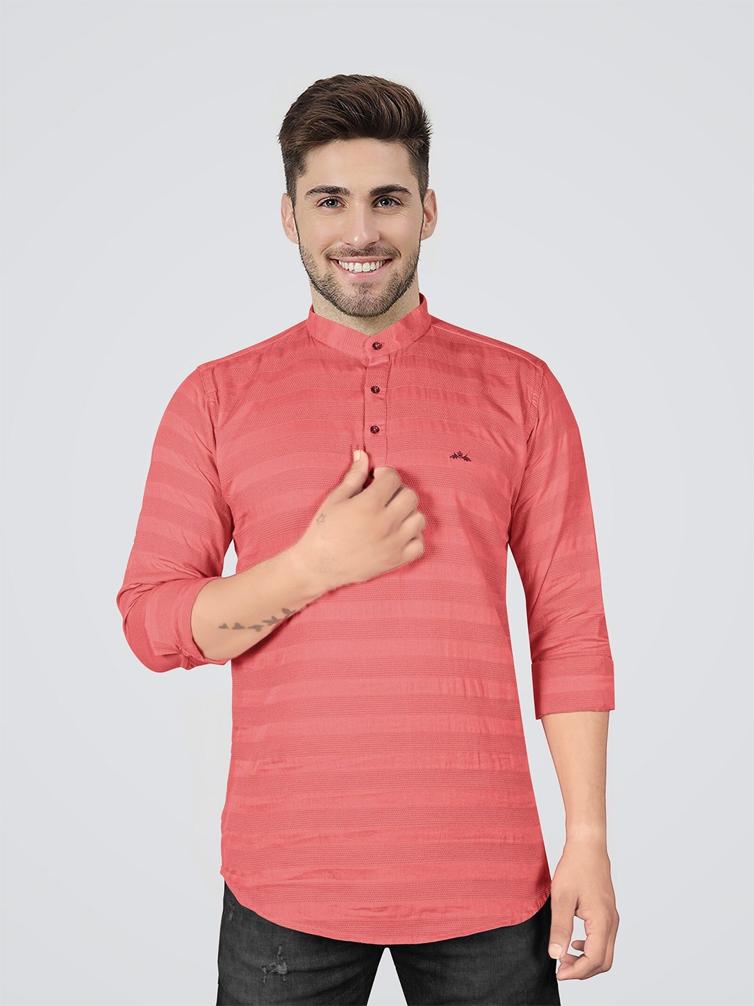 

Jb Just BLACK Premium Slim Fit Horizontal Stripes Band Collar Casual Shirt, Pink