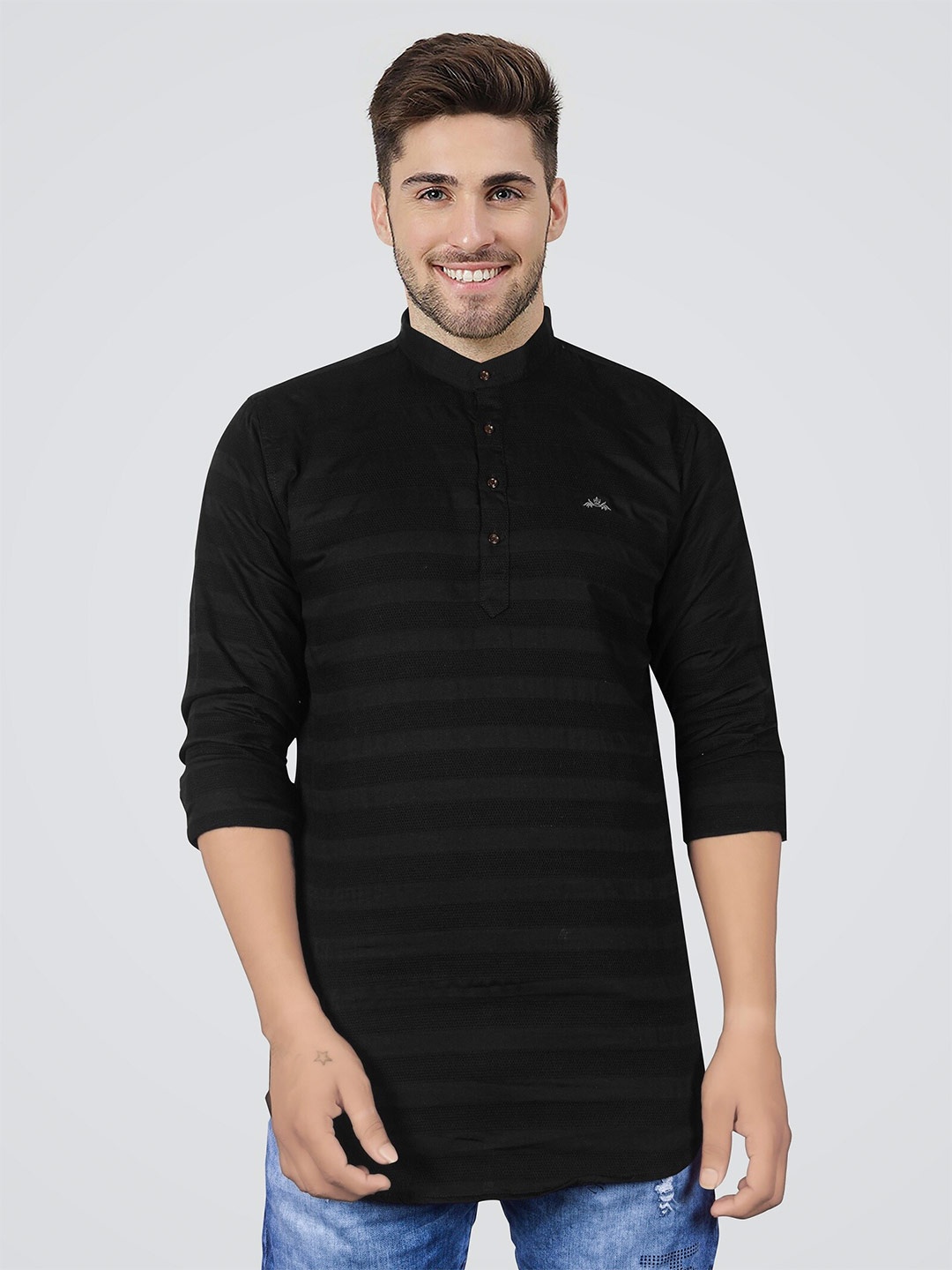 

Jb Just BLACK Premium Slim Fit Horizontal Stripes Band Collar Casual Shirt