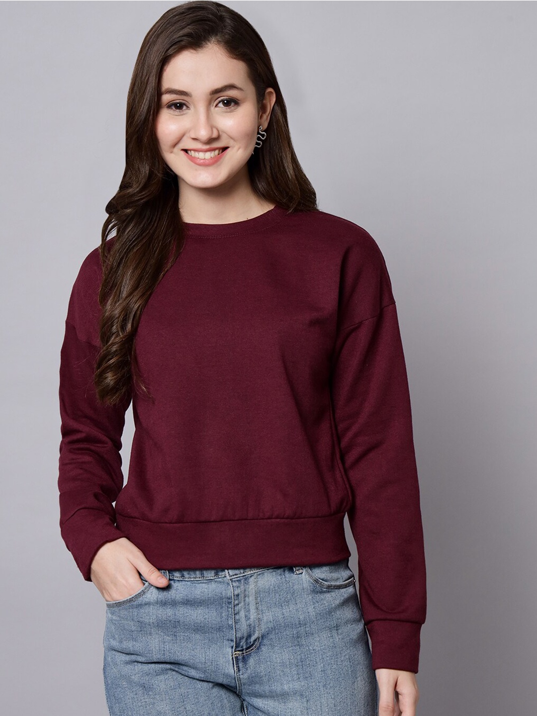 

Funday Fashion Round Neck Long Sleeves Fleece Sweatshirt, Maroon