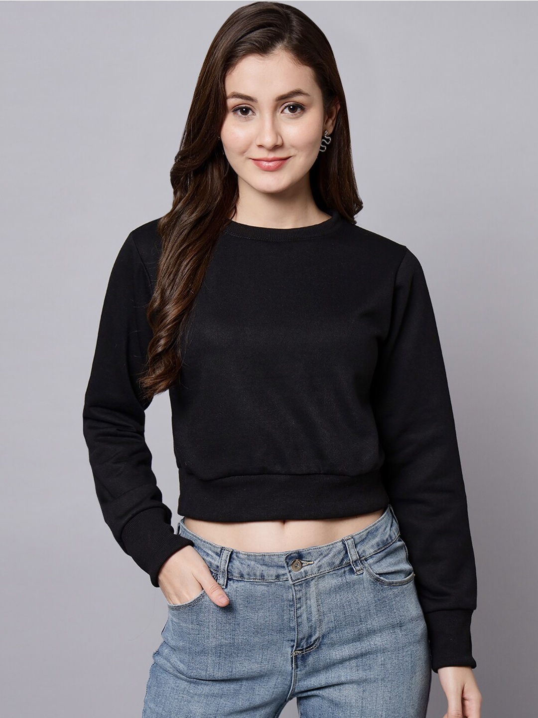 

Funday Fashion Round Neck Fleece Sweatshirt, Black