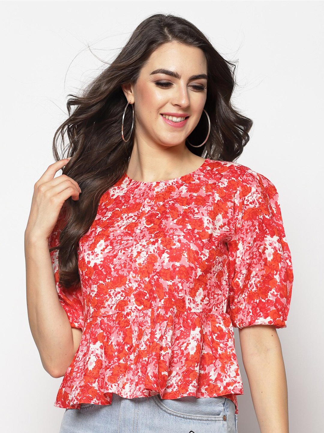 

Sera Floral Printed Tie-Up Detailed Puff Sleeve Peplum Top, Pink