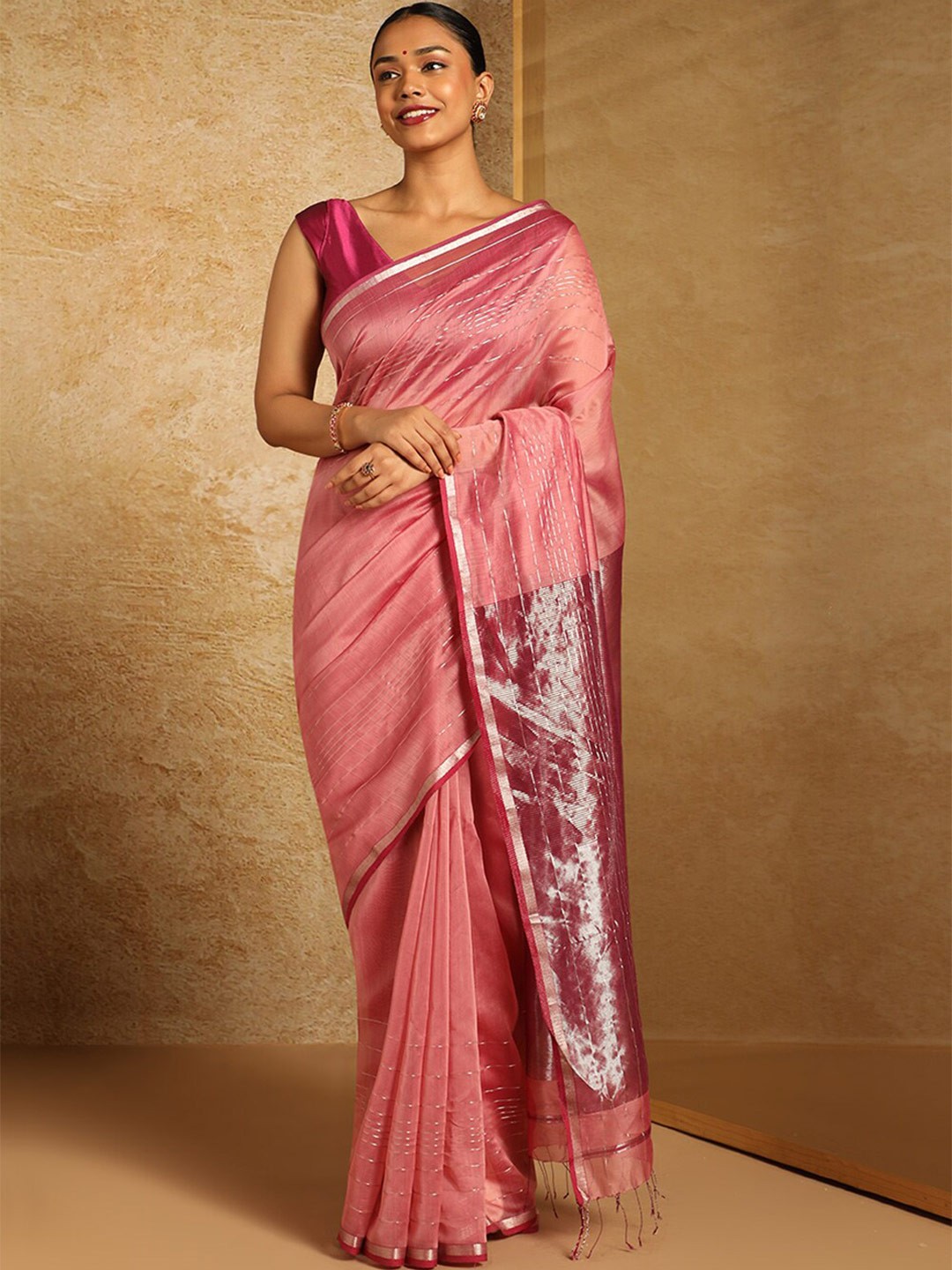 

Taneira Striped Woven Design Zari Silk Cotton Maheshwari Saree, Pink
