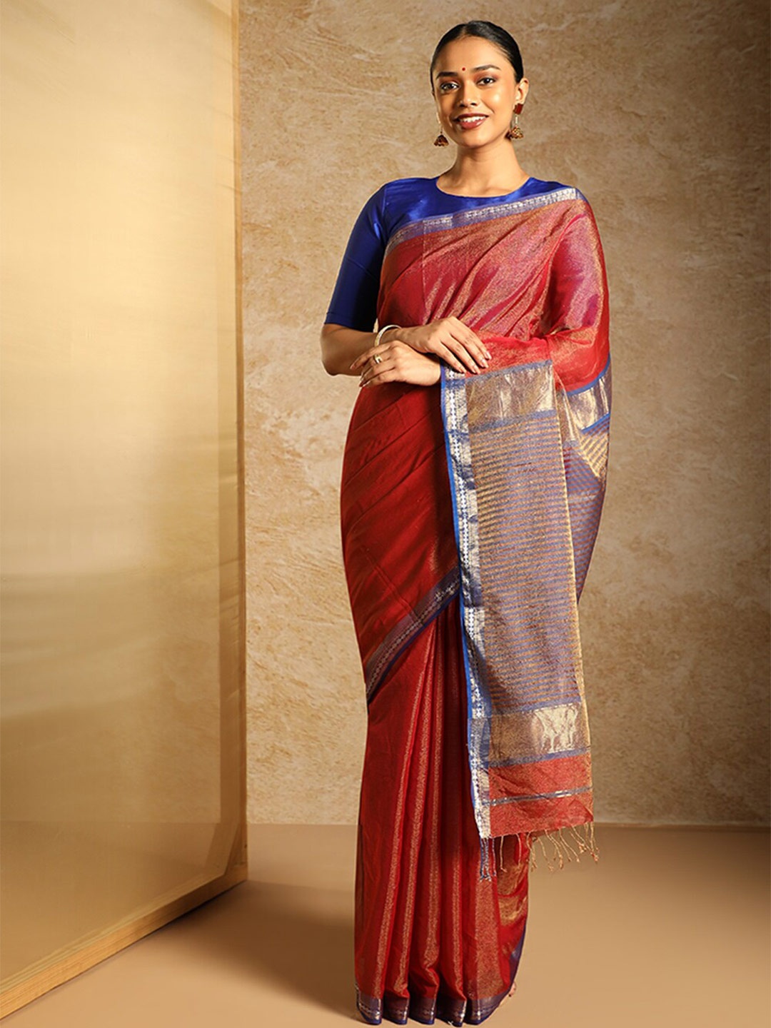 

Taneira Woven Design Zari Tissue Maheshwari Saree, Red