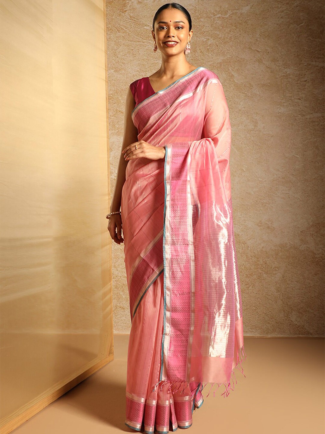 

Taneira Striped Woven Design Zari Maheshwari Saree, Pink